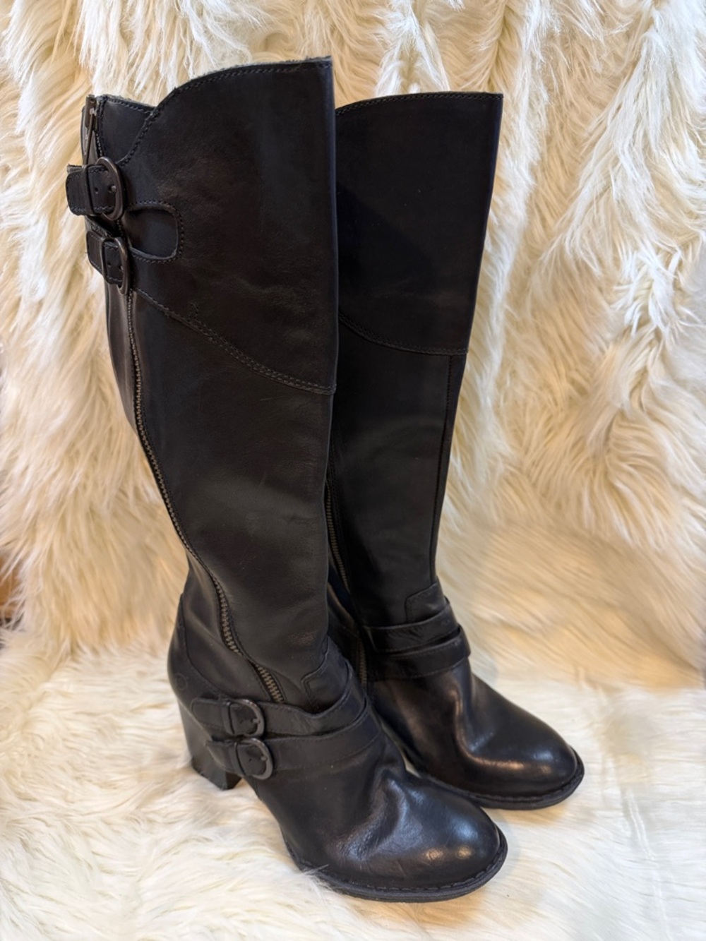 Born Black Leather Knee-High Heeled Boots with Buckle Accents -Women’s Size 8